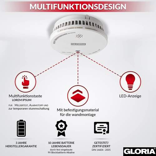 Gloria R-1 Rauchwarnmelder m. wechselbarer 9V-Blockbatterie, Rauchmelder EN14604